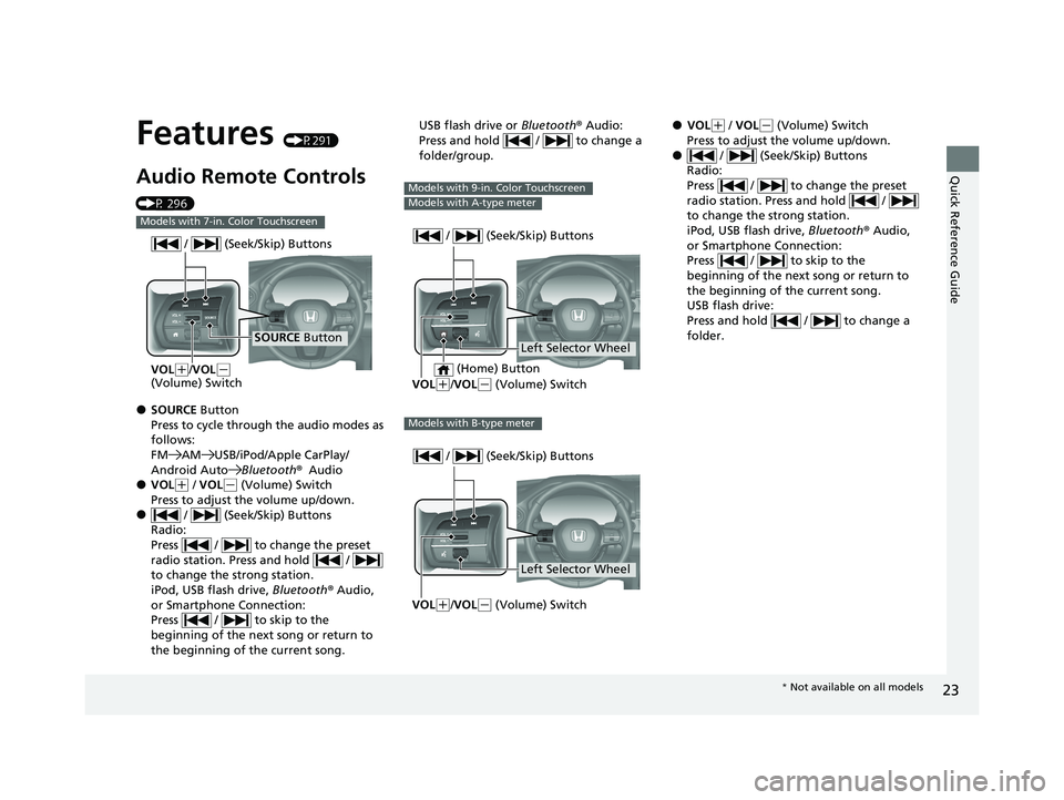 HONDA PILOT 2023 Owners Manual 23
Quick Reference Guide
Features (P291)
Audio Remote Controls
(P 296)
●SOURCE Button
Press to cycle through the audio modes as
follows:
FM AM USB/iPod/Apple CarPlay/
Android AutoBluetooth®Audio
HONDA PILOT 2023 Owners Manual 23
Quick Reference Guide
Features (P291)
Audio Remote Controls
(P 296)
●SOURCE Button
Press to cycle through the audio modes as
follows:
FM AM USB/iPod/Apple CarPlay/
Android AutoBluetooth®Audio