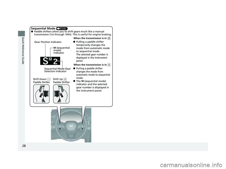 HONDA PILOT 2023 Owners Manual 28
Quick Reference Guide
Sequential Mode (P541)●Paddle shifters allow you to shift gears much like a manual
transmission (1st through 10th). This is useful for engine braking.
●Pulling a paddle s HONDA PILOT 2023 Owners Manual 28
Quick Reference Guide
Sequential Mode (P541)●Paddle shifters allow you to shift gears much like a manual
transmission (1st through 10th). This is useful for engine braking.
●Pulling a paddle s