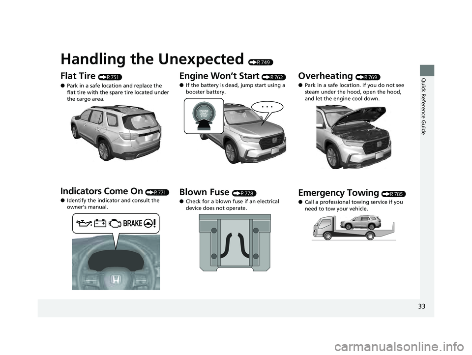 HONDA PILOT 2023 Owners Guide Quick Reference Guide
33
Handling the Unexpected (P749)
Flat Tire (P751)
●Park in a safe location and replace the
flat tire with the spare tire located under
the cargo area.
Indicators Come On (P7 HONDA PILOT 2023 Owners Guide Quick Reference Guide
33
Handling the Unexpected (P749)
Flat Tire (P751)
●Park in a safe location and replace the
flat tire with the spare tire located under
the cargo area.
Indicators Come On (P7