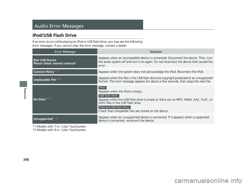 HONDA PILOT 2023  Owners Manual 398
Features
Audio Error Messages
iPod/USB Flash Drive
If an error occurs while playing an iPod or USB flash drive, you may see the following 
error messages. If you cannot clear  the error message, c