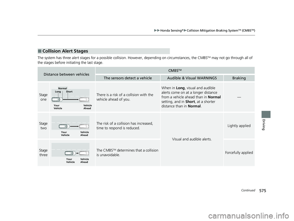 HONDA PILOT 2023 Workshop Manual 575
uuHonda Sensing ®u Collision Mitigation Braking SystemTM (CMBSTM)
Continued
Driving
The system has three alert stages for a possible collis ion. However, depending on circumstances, the CMBSTM ma HONDA PILOT 2023 Workshop Manual 575
uuHonda Sensing ®u Collision Mitigation Braking SystemTM (CMBSTM)
Continued
Driving
The system has three alert stages for a possible collis ion. However, depending on circumstances, the CMBSTM ma