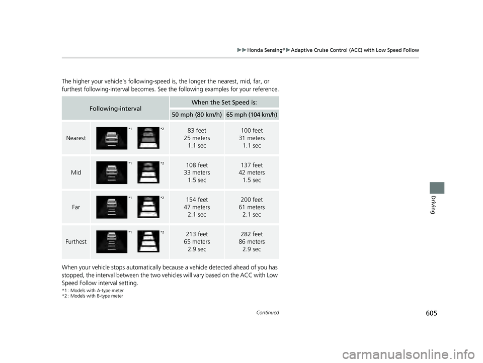 HONDA PILOT 2023 Owners Manual 605
uuHonda Sensing ®u Adaptive Cruise Control (ACC) with Low Speed Follow
Continued
Driving
The higher your vehicle’s following-speed is , the longer the nearest, mid, far, or
furthest following- HONDA PILOT 2023 Owners Manual 605
uuHonda Sensing ®u Adaptive Cruise Control (ACC) with Low Speed Follow
Continued
Driving
The higher your vehicle’s following-speed is , the longer the nearest, mid, far, or
furthest following-