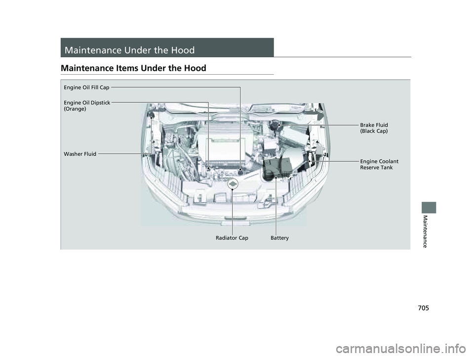 HONDA PILOT 2023  Owners Manual 705
Maintenance
Maintenance Under the Hood
Maintenance Items Under the Hood
Brake Fluid 
(Black Cap)
Washer Fluid
Radiator CapEngine Coolant 
Reserve Tank
Engine Oil Fill Cap
Battery
Engine Oil Dipsti