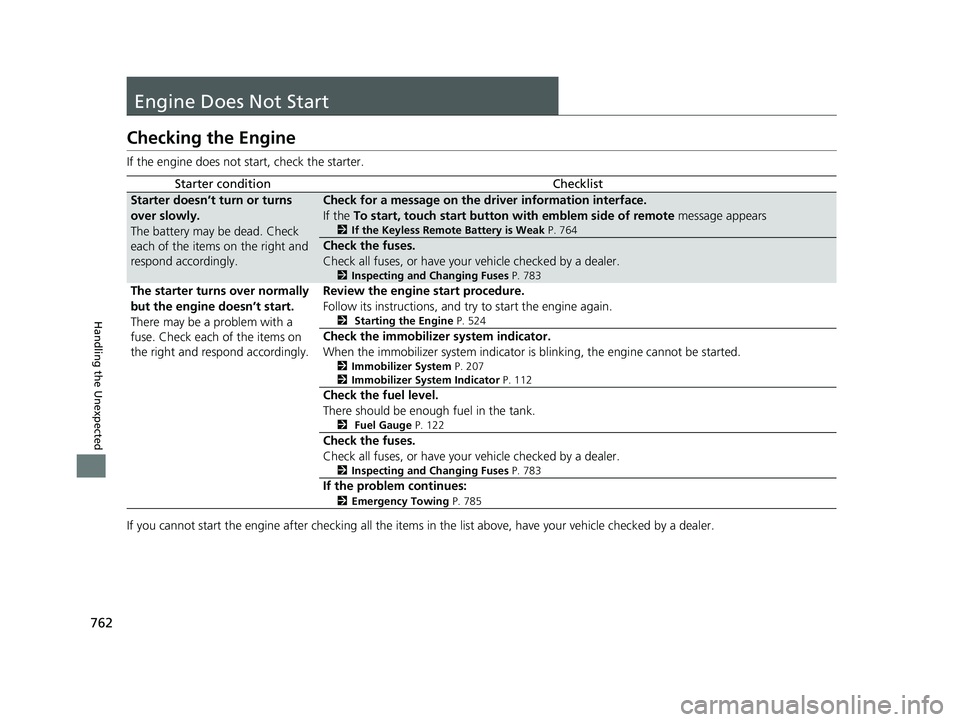 HONDA PILOT 2023 Owners Manual 762
Handling the Unexpected
Engine Does Not Start
Checking the Engine
If the engine does not start, check the starter.
If you cannot start the engine after checking all the items in the list above, ha HONDA PILOT 2023 Owners Manual 762
Handling the Unexpected
Engine Does Not Start
Checking the Engine
If the engine does not start, check the starter.
If you cannot start the engine after checking all the items in the list above, ha