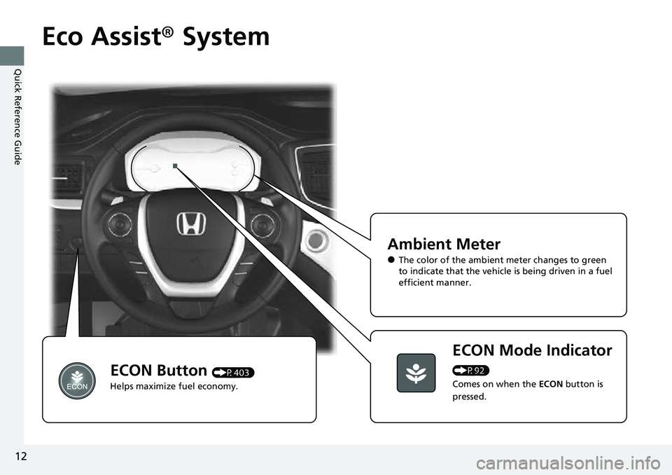 HONDA RIDGELINE 2022 User Guide 12
Quick Reference Guide
Eco Assist® System
Ambient Meter
●The color of the ambient  meter changes to green 
to indicate that the vehicle is being driven in a fuel 
efficient manner.
ECON Mode Indi