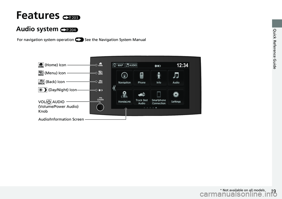 HONDA RIDGELINE 2022 Owners Manual 19
Quick Reference Guide
Features (P203)
Audio system (P204)
VOL/ AUDIO
(Volume/Power Audio)
Knob
(Home) Icon
(Menu) Icon
(Back) Icon
(Day/Night) Icon
Audio/Information Screen
For navigation sy HONDA RIDGELINE 2022 Owners Manual 19
Quick Reference Guide
Features (P203)
Audio system (P204)
VOL/ AUDIO
(Volume/Power Audio)
Knob
(Home) Icon
(Menu) Icon
(Back) Icon
(Day/Night) Icon
Audio/Information Screen
For navigation sy
