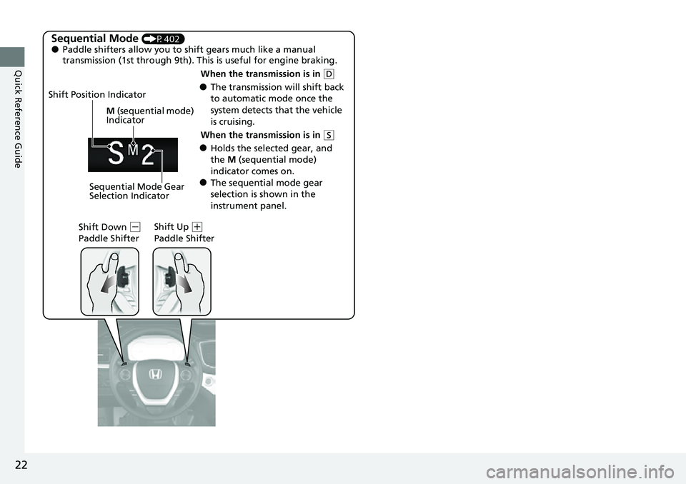 HONDA RIDGELINE 2022 Owners Manual 22
Quick Reference Guide
Sequential Mode (P402)●Paddle shifters allow you to shift gears much like a manual
transmission (1st through 9th). This is useful for engine braking.
●The transmission wi HONDA RIDGELINE 2022 Owners Manual 22
Quick Reference Guide
Sequential Mode (P402)●Paddle shifters allow you to shift gears much like a manual
transmission (1st through 9th). This is useful for engine braking.
●The transmission wi