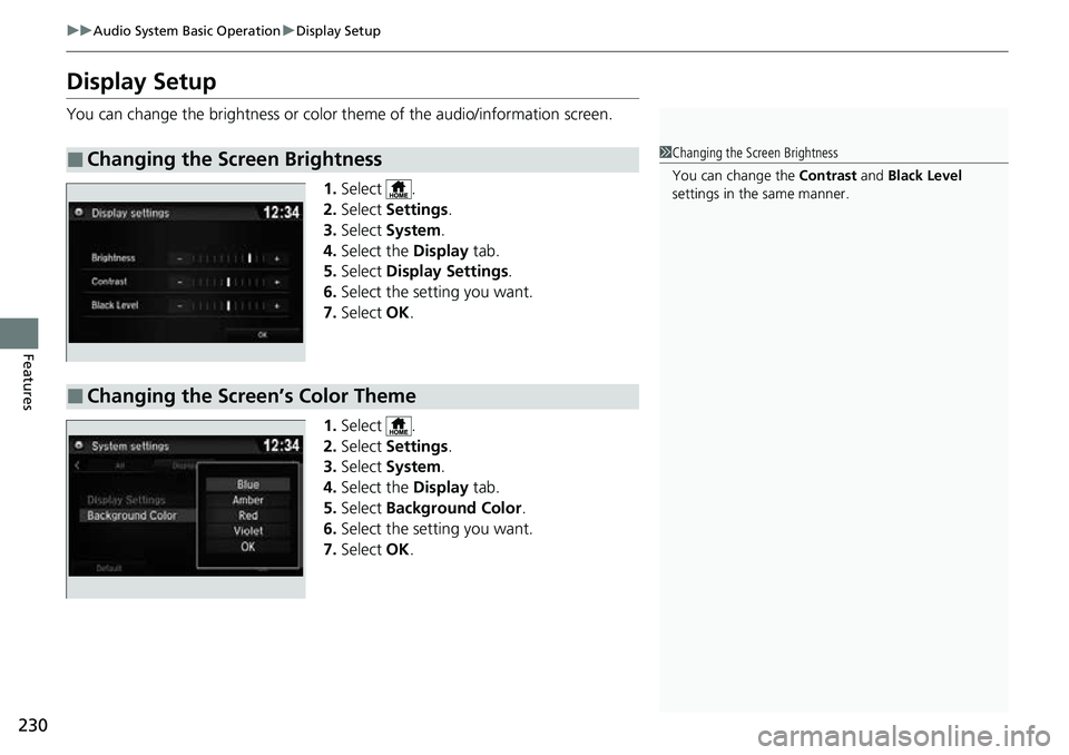 HONDA RIDGELINE 2022  Owners Manual 230
uuAudio System Basic Operation uDisplay Setup
Features
Display Setup
You can change the brightness or color theme of the audio/information screen.
1.Select .
2. Select  Settings .
3. Select  Syste