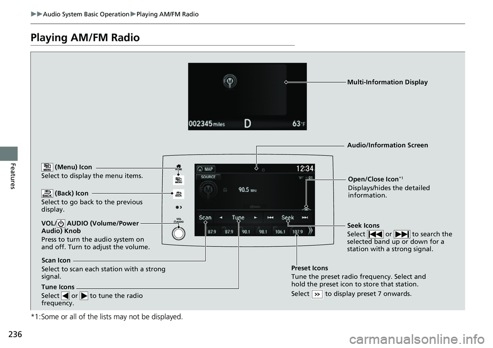 HONDA RIDGELINE 2022  Owners Manual 236
uuAudio System Basic Operation uPlaying AM/FM Radio
Features
Playing AM/FM Radio
*1:Some or all of the lists may not be displayed.
 (Back) Icon
Select to go back to the previous 
display.
Seek Ico