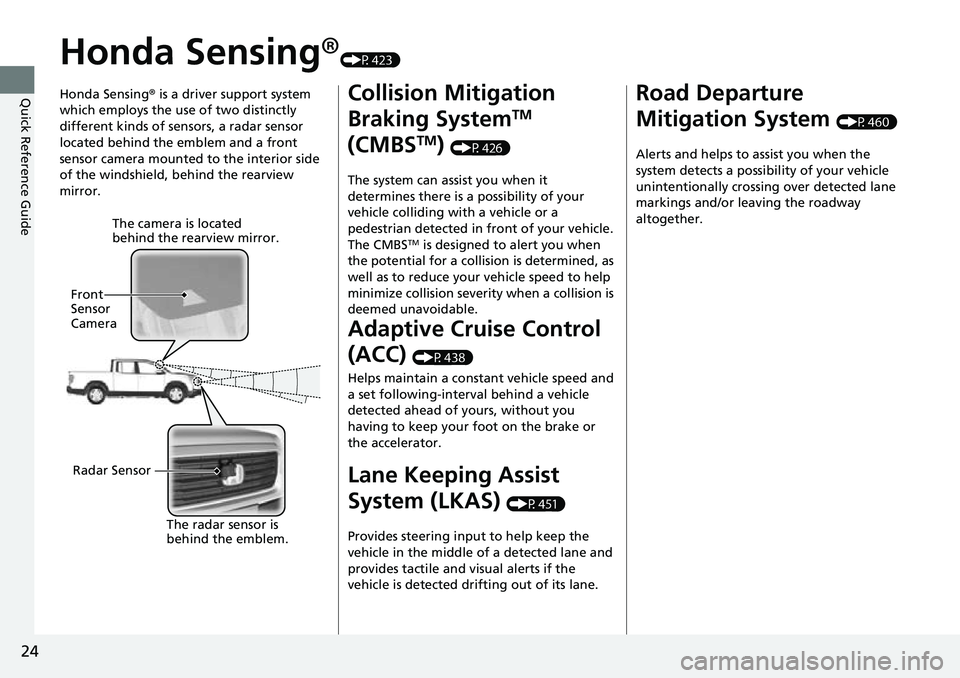HONDA RIDGELINE 2022 Owners Manual 24
Quick Reference Guide
Honda Sensing®(P423)
Honda Sensing ® is a driver support system
which employs the use of two distinctly
different kinds of sensors, a radar sensor
located behind the embl HONDA RIDGELINE 2022 Owners Manual 24
Quick Reference Guide
Honda Sensing®(P423)
Honda Sensing ® is a driver support system
which employs the use of two distinctly
different kinds of sensors, a radar sensor
located behind the embl