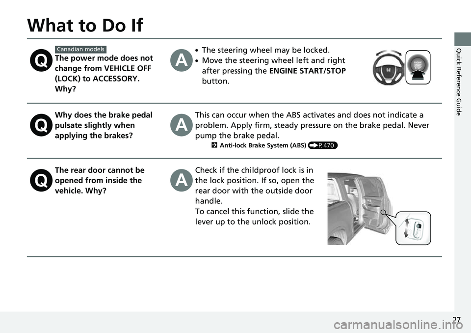HONDA RIDGELINE 2022 Owners Manual 27
Quick Reference Guide
What to Do If
The power mode does not
change from VEHICLE OFF
(LOCK) to ACCESSORY.
Why?
●The steering wheel may be locked.
●Move the steering wheel left and right
afte HONDA RIDGELINE 2022 Owners Manual 27
Quick Reference Guide
What to Do If
The power mode does not
change from VEHICLE OFF
(LOCK) to ACCESSORY.
Why?
●The steering wheel may be locked.
●Move the steering wheel left and right
afte