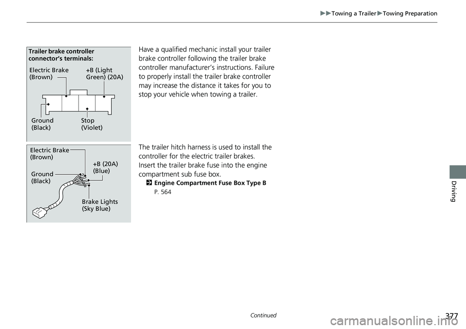 HONDA RIDGELINE 2022  Owners Manual 377
uuTowing a Trailer uTowing Preparation
Continued
Driving
Have a qualified mechanic install your trailer 
brake controller following the trailer brake 
controller manufacturer’s instructions. Fai
