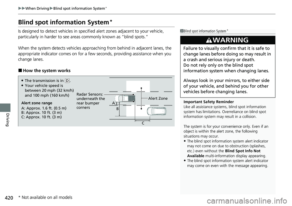 HONDA RIDGELINE 2022 Owners Guide 420
uuWhen Driving uBlind spot information System*
Driving
Blind spot information System*
Is designed to detect vehicles in specified alert zones adjacent to your vehicle,
particularly in harder to s HONDA RIDGELINE 2022 Owners Guide 420
uuWhen Driving uBlind spot information System*
Driving
Blind spot information System*
Is designed to detect vehicles in specified alert zones adjacent to your vehicle,
particularly in harder to s