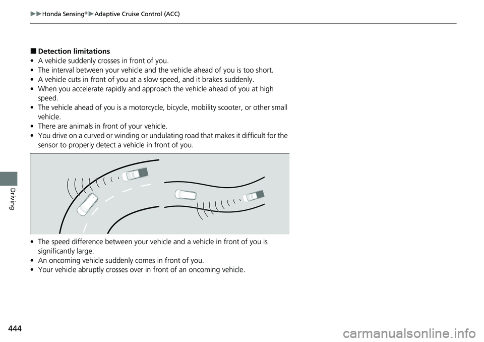 HONDA RIDGELINE 2022 Service Manual 444
uuHonda Sensing ®u Adaptive Cruise Control (ACC)
Driving
■Detection limitations
• A vehicle suddenly crosses in front of you.
• The interval between your vehicle and the vehicle ahead of yo