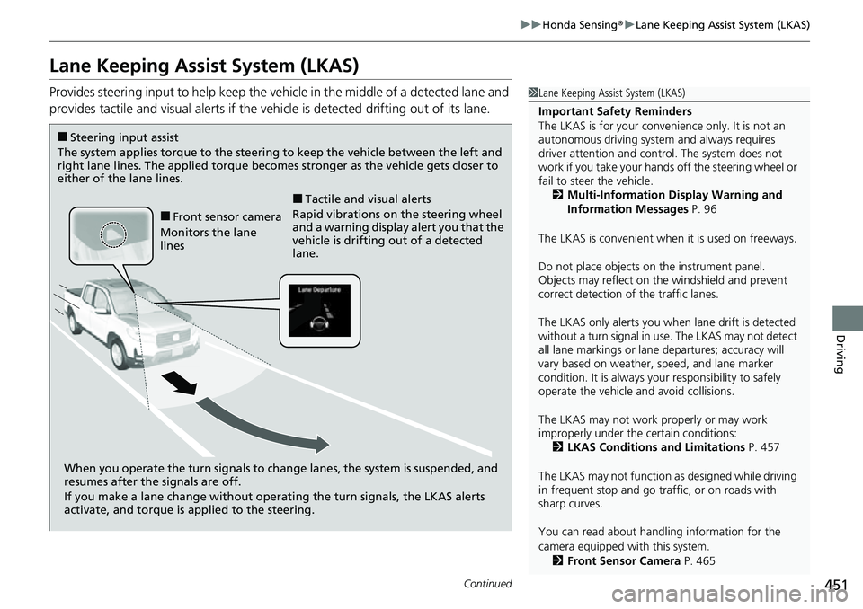 HONDA RIDGELINE 2022 Service Manual 451
uuHonda Sensing ®u Lane Keeping Assist System (LKAS)
Continued
Driving
Lane Keeping Assist System (LKAS)
Provides steering input to help keep the vehicle in the middle of a detected lane and 
pro