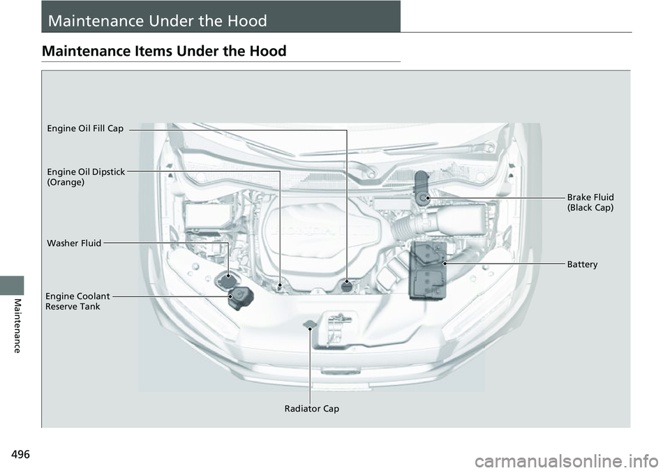 HONDA RIDGELINE 2022 Owners Manual 496
Maintenance
Maintenance Under the Hood
Maintenance Items Under the Hood
Brake Fluid
(Black Cap)
Washer Fluid
Radiator Cap
Engine Coolant
Reserve Tank Engine Oil Dipstick
(Orange) Engine Oil Fil HONDA RIDGELINE 2022 Owners Manual 496
Maintenance
Maintenance Under the Hood
Maintenance Items Under the Hood
Brake Fluid
(Black Cap)
Washer Fluid
Radiator Cap
Engine Coolant
Reserve Tank Engine Oil Dipstick
(Orange) Engine Oil Fil