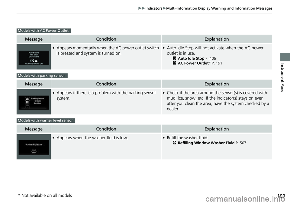 HONDA RIDGELINE 2023  Owners Manual 109
uuIndicators uMulti-Information Display Warning and Information Messages
Instrument Panel
MessageConditionExplanation
●Appears momentarily when th e AC power outlet switch 
is pressed and system