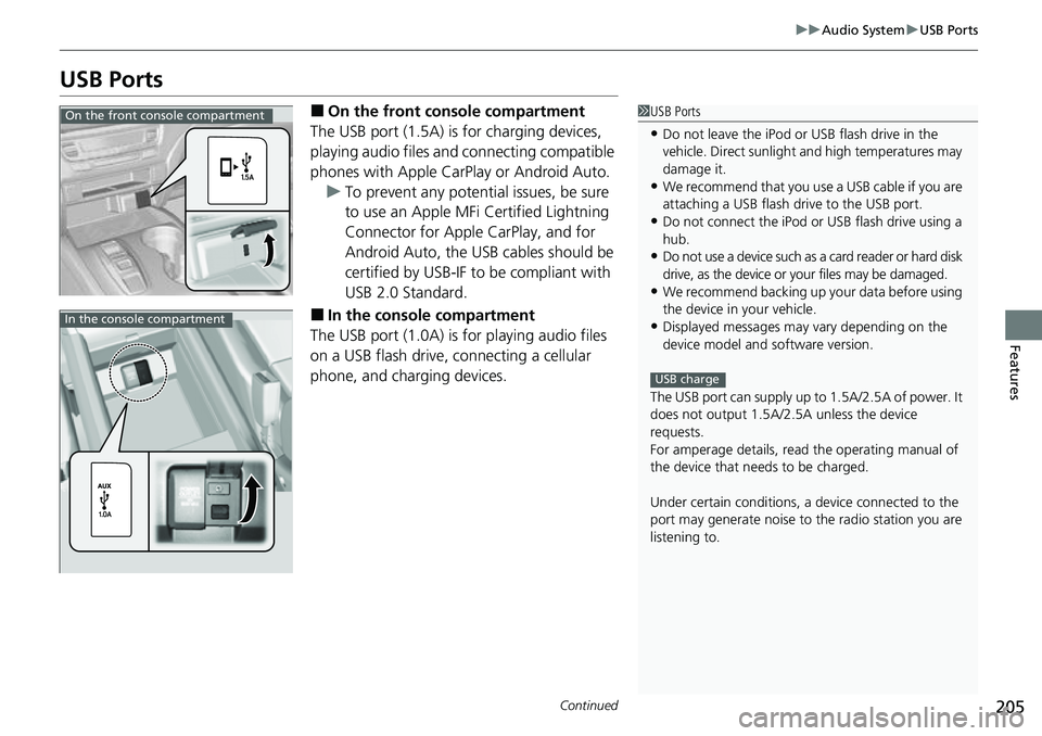 HONDA RIDGELINE 2023  Owners Manual 205
uuAudio System uUSB Ports
Continued
Features
USB Ports
■On the front co nsole compartment
The USB port (1.5A) is for charging devices, 
playing audio files and connecting compatible 
phones with