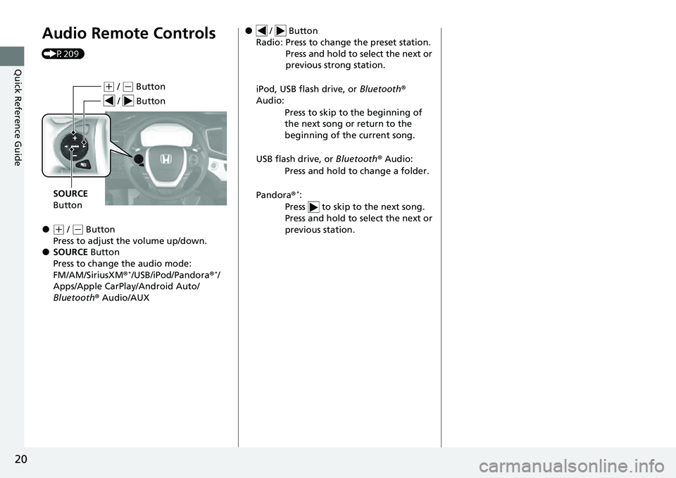 HONDA RIDGELINE 2023 Owners Manual 20
Quick Reference Guide
Audio Remote Controls
(P209)
●(+ / ( - Button
Press to adjust the volume up/down.
●SOURCE Button
Press to change the audio mode:
FM/AM/SiriusXM ®
*/USB/iPod/Pandora ® HONDA RIDGELINE 2023 Owners Manual 20
Quick Reference Guide
Audio Remote Controls
(P209)
●(+ / ( - Button
Press to adjust the volume up/down.
●SOURCE Button
Press to change the audio mode:
FM/AM/SiriusXM ®
*/USB/iPod/Pandora ®