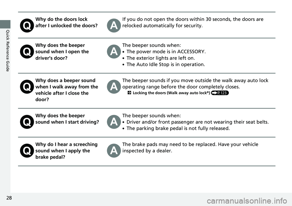 HONDA RIDGELINE 2023 Owners Manual 28
Quick Reference Guide
Why do the doors lock
after I unlocked the doors?If you do not open the doors within 30 seconds, the doors are
relocked automatically for security.
Why does the beeper
soun HONDA RIDGELINE 2023 Owners Manual 28
Quick Reference Guide
Why do the doors lock
after I unlocked the doors?If you do not open the doors within 30 seconds, the doors are
relocked automatically for security.
Why does the beeper
soun