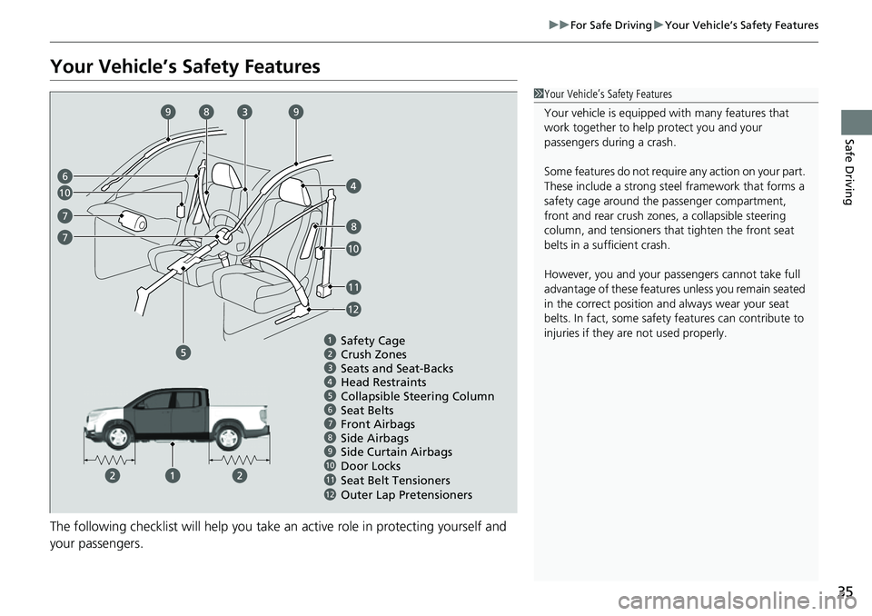 HONDA RIDGELINE 2023 Owners Guide 35
uuFor Safe Driving uYour Vehicle’s Safety Features
Safe Driving
Your Vehicle’s Safety Features
The following checklist will help you take an active role in protecting yourself and 
your passeng