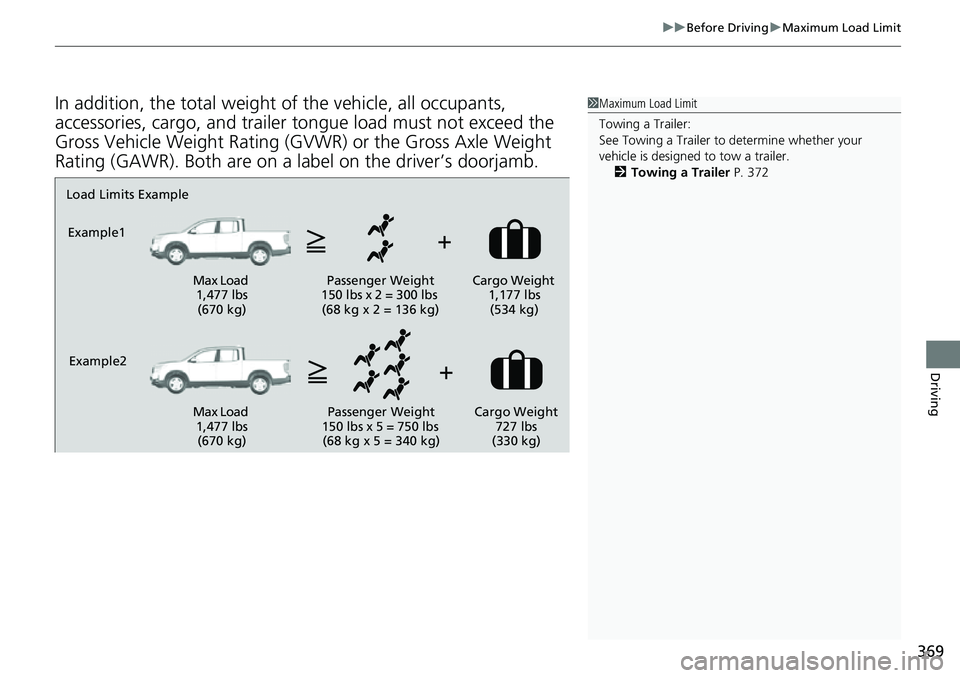 HONDA RIDGELINE 2023 Owners Manual 369
uuBefore Driving uMaximum Load Limit
Driving
In addition, the total weight of the vehicle, all occupants,
accessories, cargo, and trailer tongue load must not exceed the
Gross Vehicle Weight Rat HONDA RIDGELINE 2023 Owners Manual 369
uuBefore Driving uMaximum Load Limit
Driving
In addition, the total weight of the vehicle, all occupants,
accessories, cargo, and trailer tongue load must not exceed the
Gross Vehicle Weight Rat