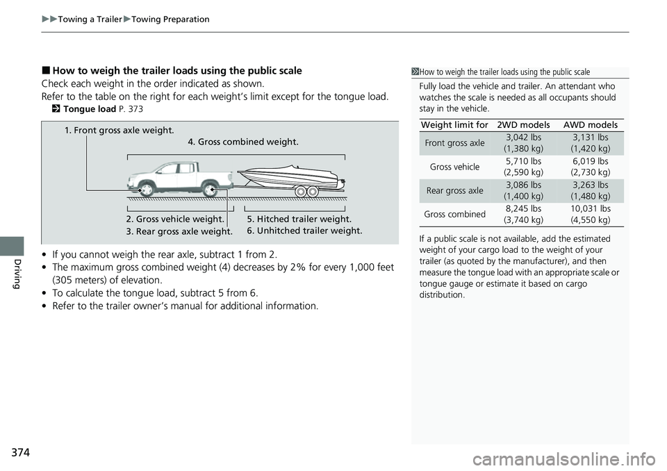 HONDA RIDGELINE 2023 Owners Manual uuTowing a Trailer uTowing Preparation
374
Driving
■How to weigh the trailer lo ads using the public scale
Check each weight in the order indicated as shown.
Refer to the table on the right for each HONDA RIDGELINE 2023 Owners Manual uuTowing a Trailer uTowing Preparation
374
Driving
■How to weigh the trailer lo ads using the public scale
Check each weight in the order indicated as shown.
Refer to the table on the right for each
