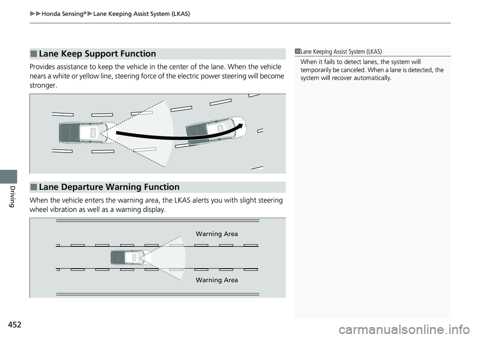 HONDA RIDGELINE 2023 Owners Manual uuHonda Sensing ®u Lane Keeping Assist System (LKAS)
452
Driving
Provides assistance to keep the vehicle in the center of the lane. When the vehicle
nears a white or yellow line, steering force of HONDA RIDGELINE 2023 Owners Manual uuHonda Sensing ®u Lane Keeping Assist System (LKAS)
452
Driving
Provides assistance to keep the vehicle in the center of the lane. When the vehicle
nears a white or yellow line, steering force of