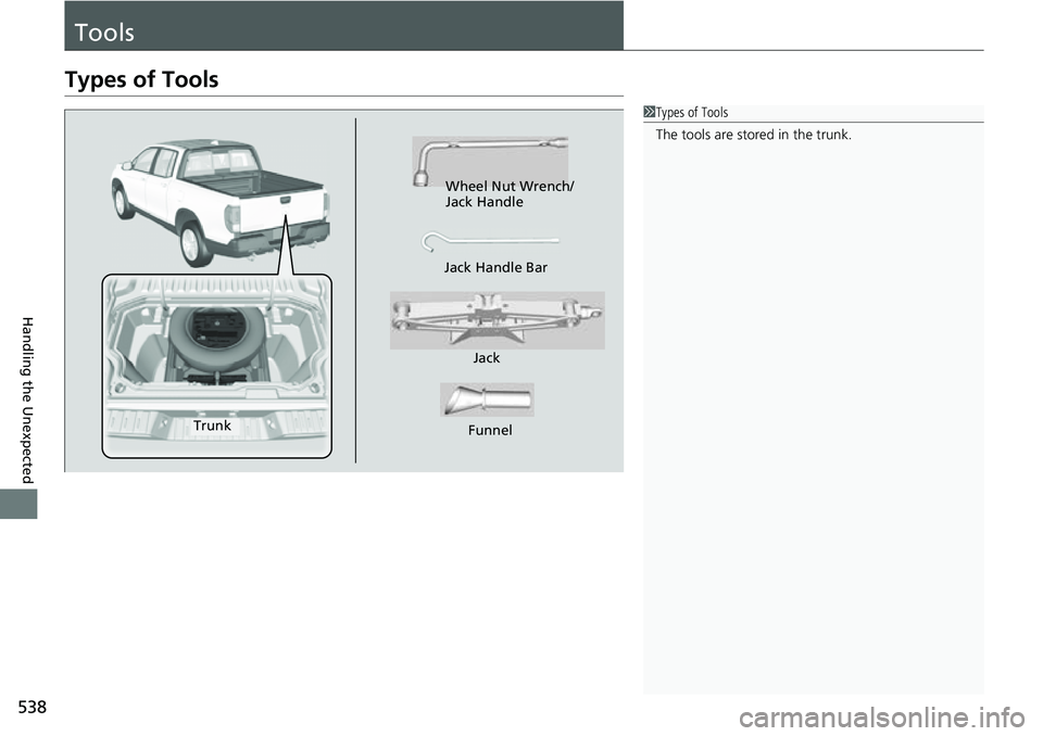 HONDA RIDGELINE 2023 Owners Manual 538
Handling the Unexpected
Tools
Types of Tools
1Types of Tools
The tools are stored in the trunk.
Wheel Nut Wrench/
Jack Handle
Jack
Jack Handle Bar
Funnel
Trunk HONDA RIDGELINE 2023 Owners Manual 538
Handling the Unexpected
Tools
Types of Tools
1Types of Tools
The tools are stored in the trunk.
Wheel Nut Wrench/
Jack Handle
Jack
Jack Handle Bar
Funnel
Trunk