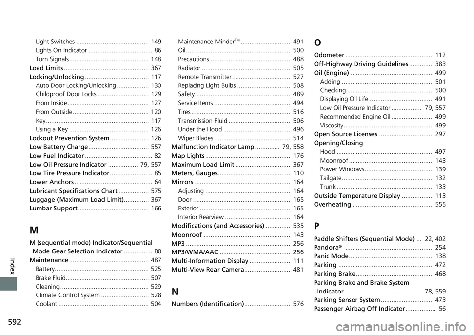 HONDA RIDGELINE 2023  Owners Manual 592
Index
Light Switches ......................................... 149
Lights On Indicator ....................................  86
Turn Signals ............................................. 148
Load 