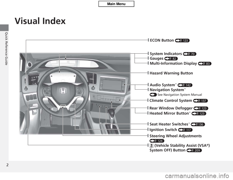HONDA CIVIC HYBRID 2012 9.G Owners Manual 2Quick Reference Guide
Quick Reference GuideVisual Index
❙Gauges 
(P 82)
❙Multi-Information Display 
(P 83)
❙Hazard Warning Button ❙Audio System
* (P 142)
❙Navigation System
* 
() See Naviga