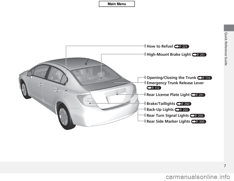 HONDA CIVIC HYBRID 2012 9.G Owners Manual 7Quick Reference Guide
❙High-Mount Brake Light
(P 251)
❙Opening/Closing the Trunk
(P 110)
❙Emergency Trunk Release Lever (P 112)❙Rear License Plate Light
(P 251)
❙Brake/Taillights
(P 250 HONDA CIVIC HYBRID 2012 9.G Owners Manual 7Quick Reference Guide
❙High-Mount Brake Light
(P 251)
❙Opening/Closing the Trunk
(P 110)
❙Emergency Trunk Release Lever (P 112)❙Rear License Plate Light
(P 251)
❙Brake/Taillights
(P 250
