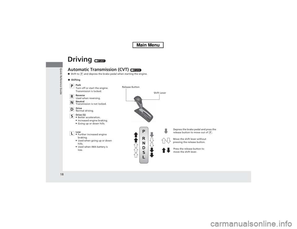 HONDA CIVIC HYBRID 2013 9.G User Guide 18Quick Reference Guide
Driving 
(P207)
Release Button
Shift Lever
Depress the brake pedal and press the 
release button to move out of 
(P.
Move the shift lever without 
pressing the release button.
