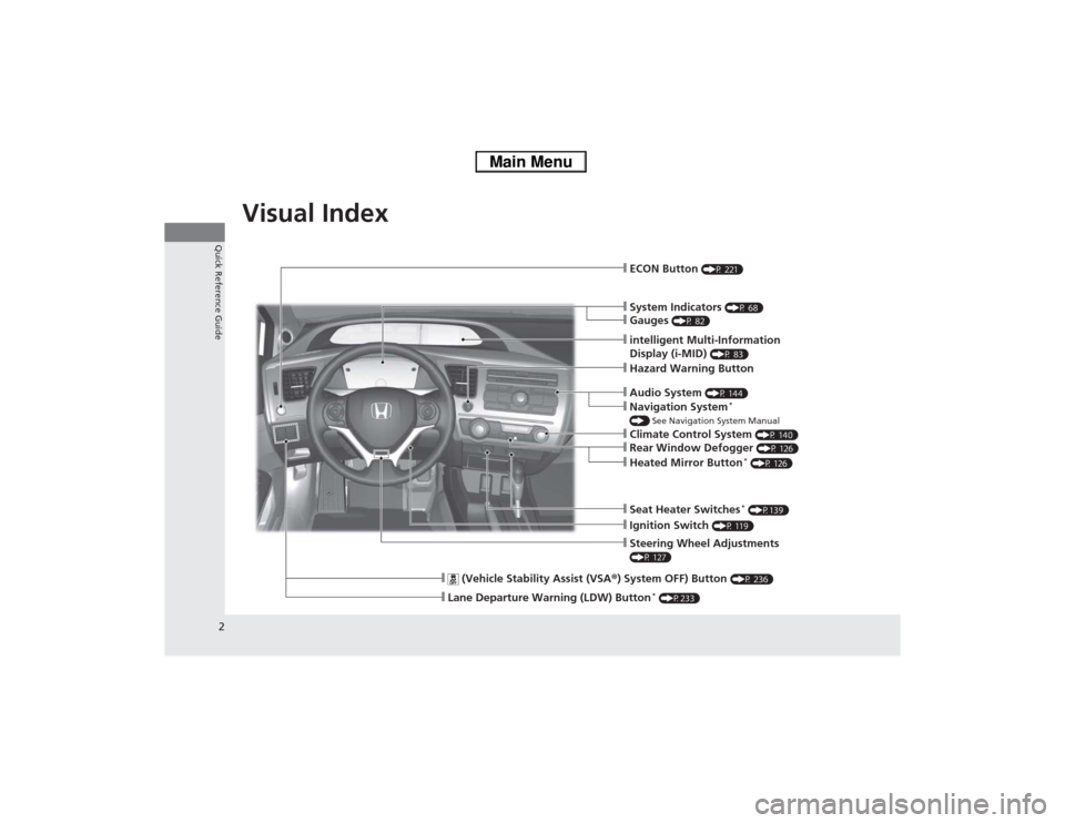 HONDA CIVIC HYBRID 2013 9.G Owners Manual 2Quick Reference Guide
Quick Reference GuideVisual Index
❙Ignition Switch
(P 119)
❙Steering Wheel Adjustments (P 127)❙System Indicators
(P 68)
❙ECON Button
(P 221)
❙Hazard Warning Button HONDA CIVIC HYBRID 2013 9.G Owners Manual 2Quick Reference Guide
Quick Reference GuideVisual Index
❙Ignition Switch
(P 119)
❙Steering Wheel Adjustments (P 127)❙System Indicators
(P 68)
❙ECON Button
(P 221)
❙Hazard Warning Button
