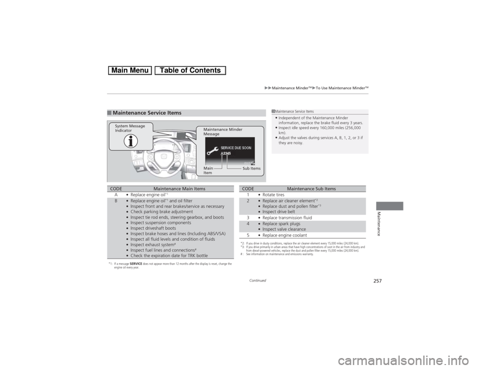 HONDA CIVIC HYBRID 2013 9.G Owners Manual 257
uuMaintenance Minder
TMuTo Use Maintenance Minder
TM
Continued
Maintenance
■Maintenance Service Items
1Maintenance Service Items•Independent of the Maintenance Minder 
information, replace the