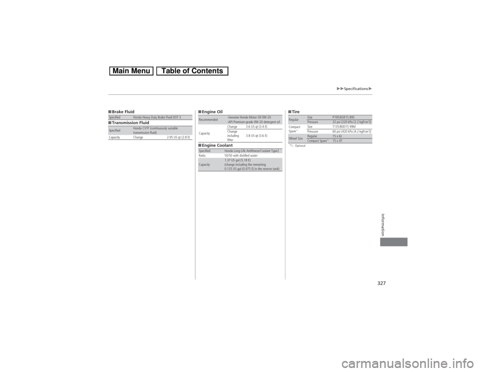 HONDA CIVIC HYBRID 2013 9.G User Guide 327
uuSpecificationsu
Information
■Brake Fluid
■Transmission FluidSpecified
Honda Heavy Duty Brake Fluid DOT 3
Specified
Honda CVTF (continuously variable 
transmission fluid)
Capacity Change 2.95