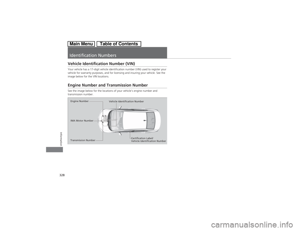 HONDA CIVIC HYBRID 2013 9.G Owners Manual 328Information
Identification NumbersVehicle Identification Number (VIN)Your vehicle has a 17-digit vehicle identification number (VIN) used to register your
vehicle for warranty purposes, and for li HONDA CIVIC HYBRID 2013 9.G Owners Manual 328Information
Identification NumbersVehicle Identification Number (VIN)Your vehicle has a 17-digit vehicle identification number (VIN) used to register your
vehicle for warranty purposes, and for li