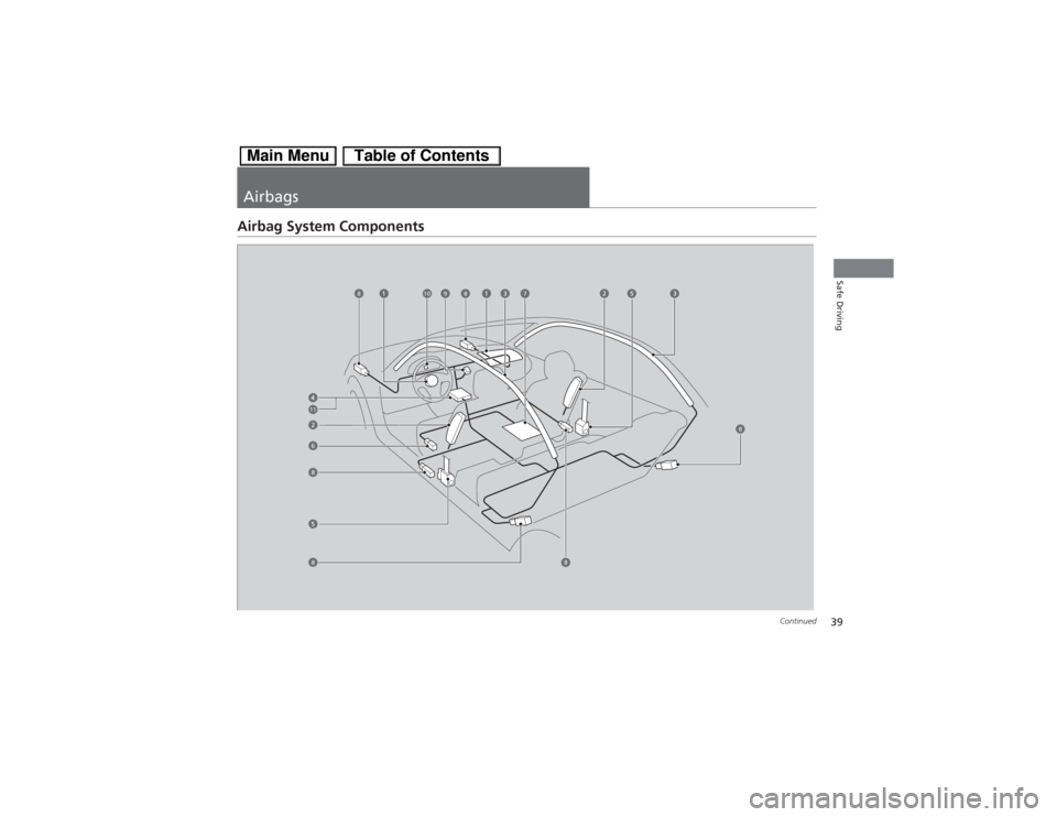 HONDA CIVIC HYBRID 2013 9.G Owners Guide 39
Continued
Safe Driving
AirbagsAirbag System Components
6
7
8
9
11
8
10
8
88
8 HONDA CIVIC HYBRID 2013 9.G Owners Guide 39
Continued
Safe Driving
AirbagsAirbag System Components
6
7
8
9
11
8
10
8
88
8