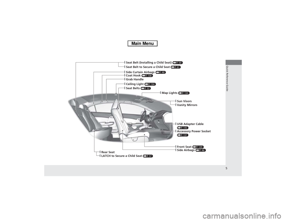 HONDA CIVIC HYBRID 2013 9.G Owners Manual 5Quick Reference Guide
❙Side Curtain Airbags 
(P 48)
❙Coat Hook 
(P 138)
❙Grab Handle❙Ceiling Light 
(P 134)
❙Seat Belts 
(P 32)
❙Map Lights 
(P 134)❙Front Seat 
(P 129)
❙Side Airbags 