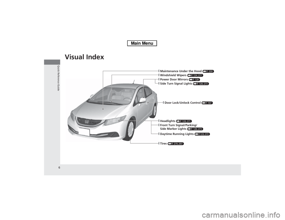 HONDA CIVIC HYBRID 2013 9.G Owners Manual Visual Index
6Quick Reference Guide
❙Maintenance Under the Hood 
(P 259)
❙Windshield Wipers 
(P 124, 277)
❙Door Lock/Unlock Control 
(P 107)
❙Headlights 
(P 120, 271)
❙Daytime Running Lights