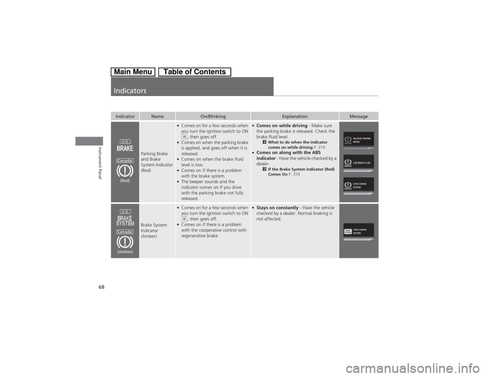 HONDA CIVIC HYBRID 2013 9.G Repair Manual 68Instrument Panel
IndicatorsIndicator
Name
On/Blinking
Explanation
Message
Parking Brake 
and Brake 
System Indicator 
(Red)
●Comes on for a few seconds when 
you turn the ignition switch to ON (w,