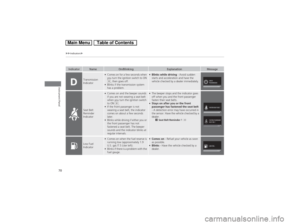 HONDA CIVIC HYBRID 2013 9.G Manual PDF 70
uuIndicatorsu
Instrument Panel
Transmission 
Indicator
●Comes on for a few seconds when 
you turn the ignition switch to ON (w, then goes off.
●Blinks if the transmission system 
has a problem.