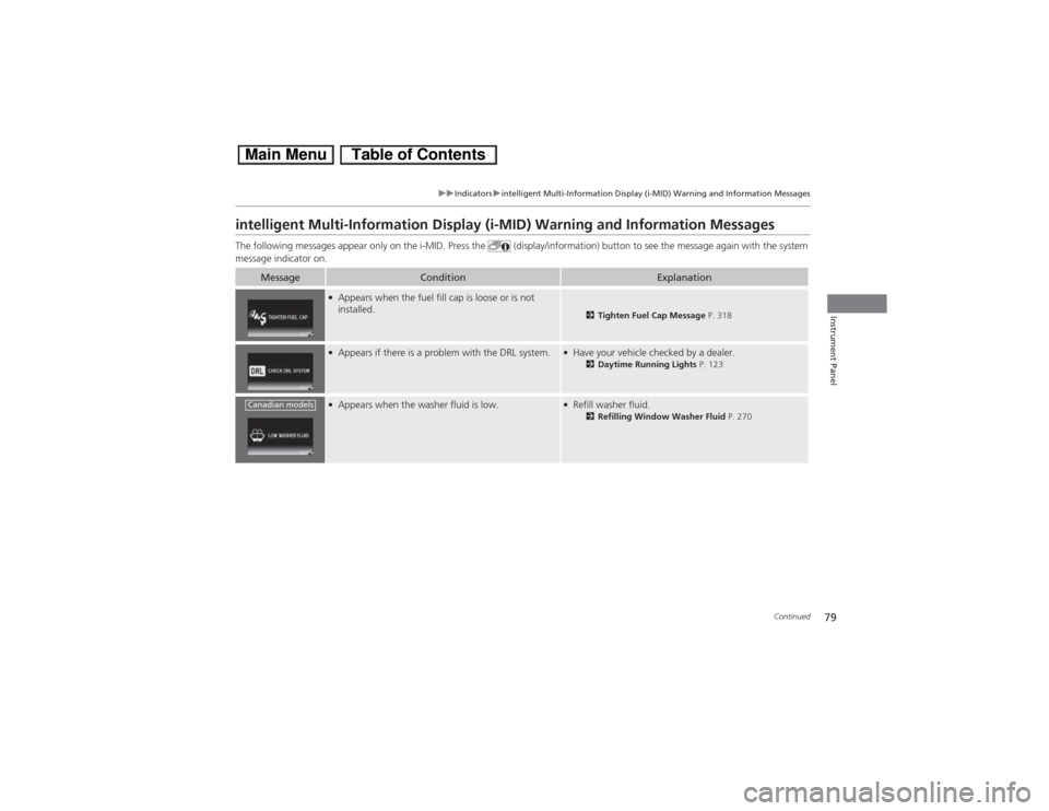 HONDA CIVIC HYBRID 2013 9.G Manual PDF 79
uuIndicatorsuintelligent Multi-Information Display (i-MID) Warning and Information Messages
Continued
Instrument Panel
intelligent Multi-Information Display (i-MID) Warning and Information Messages