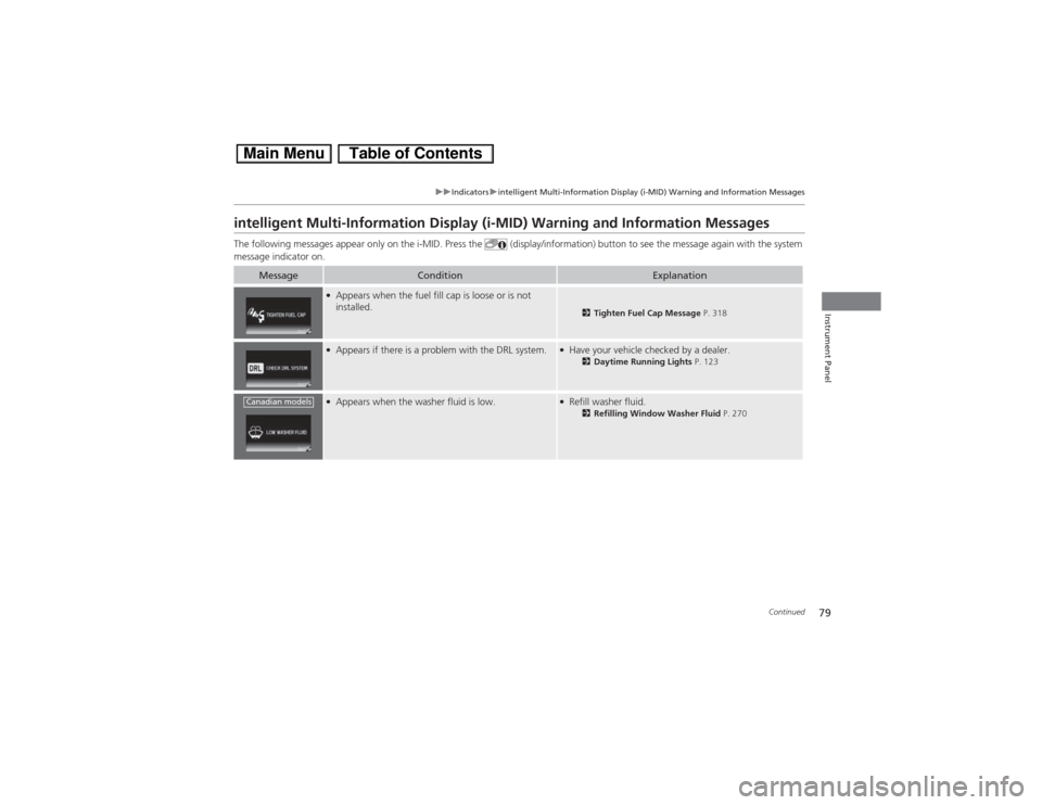 HONDA CIVIC HYBRID 2013 9.G Owners Manual 79
uuIndicatorsuintelligent Multi-Information Display (i-MID) Warning and Information Messages
Continued
Instrument Panel
intelligent Multi-Information Display (i-MID) Warning and Information Messages