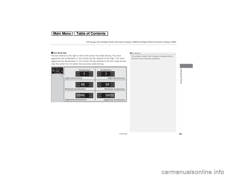 HONDA CIVIC HYBRID 2013 9.G Owners Manual Continued
89
uuGauges and intelligent Multi-Information Display (i-MID)uintelligent Multi-Information Display (i-MID)
Instrument Panel
■Eco drive bar
The bar extends to the right or left of the cent