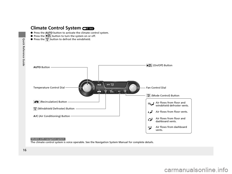 HONDA CIVIC HYBRID 2014 9.G User Guide 16
Quick Reference Guide
Climate Control System (P144)
● Press the  AUTO button to activate the climate control system.
● Press the   button to turn the system on or off.
● Press the   button to