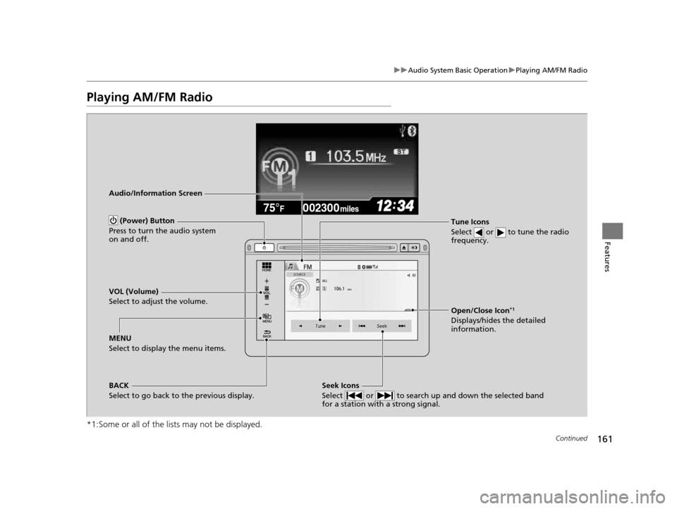 HONDA CIVIC HYBRID 2014 9.G Owners Manual 161
uuAudio System Basic Operation uPlaying AM/FM Radio
Continued
Features
Playing AM/FM Radio
*1:Some or all of the lists may not be displayed.
002300
75°F miles
Audio/Information Screen
Tune Icons

