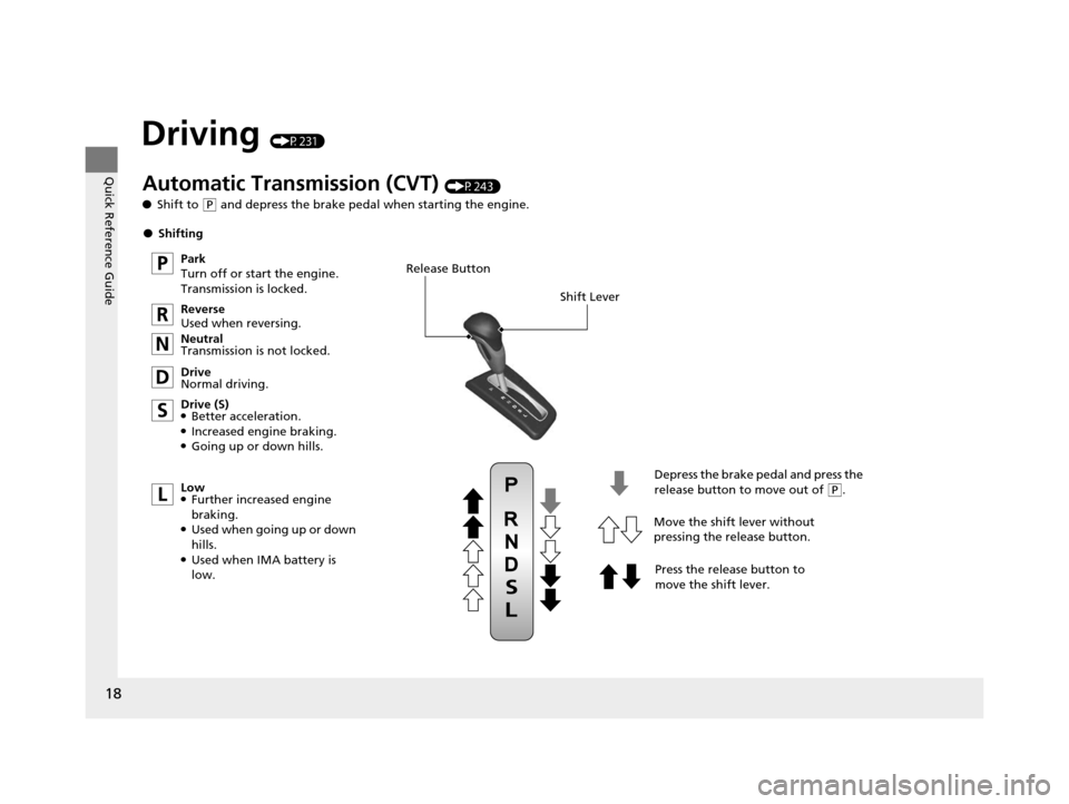 HONDA CIVIC HYBRID 2014 9.G User Guide 18
Quick Reference Guide
Driving (P231)
Release ButtonShift Lever
Depress the brake pedal and press the 
release button to move out of 
(P.
Move the shift lever without 
pressing the release button.
P