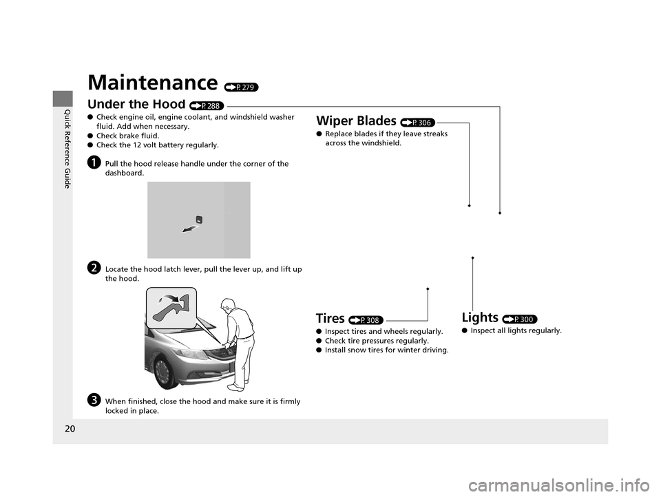 HONDA CIVIC HYBRID 2014 9.G Owners Manual 20
Quick Reference Guide
Maintenance (P279)
Under the Hood (P288)
● Check engine oil, engine coolant, and windshield washer 
fluid. Add when necessary.
● Check brake fluid.
● Check the 12 volt b