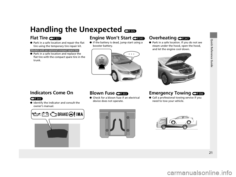 HONDA CIVIC HYBRID 2014 9.G Owners Manual Quick Reference Guide
21
Handling the Unexpected (P325)
Flat Tire (P327)
● Park in a safe location and repair the flat 
tire using the temporary tire repair kit.
● Park in a safe location and repl